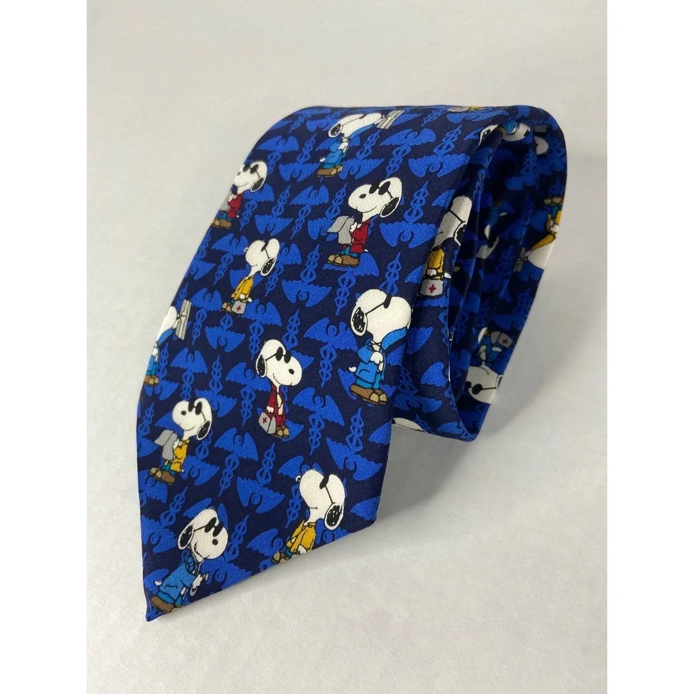 Vintage Snoopy Peanuts Medical Doctor Silk Tie‎ Blue Open Wide Woof RN USA